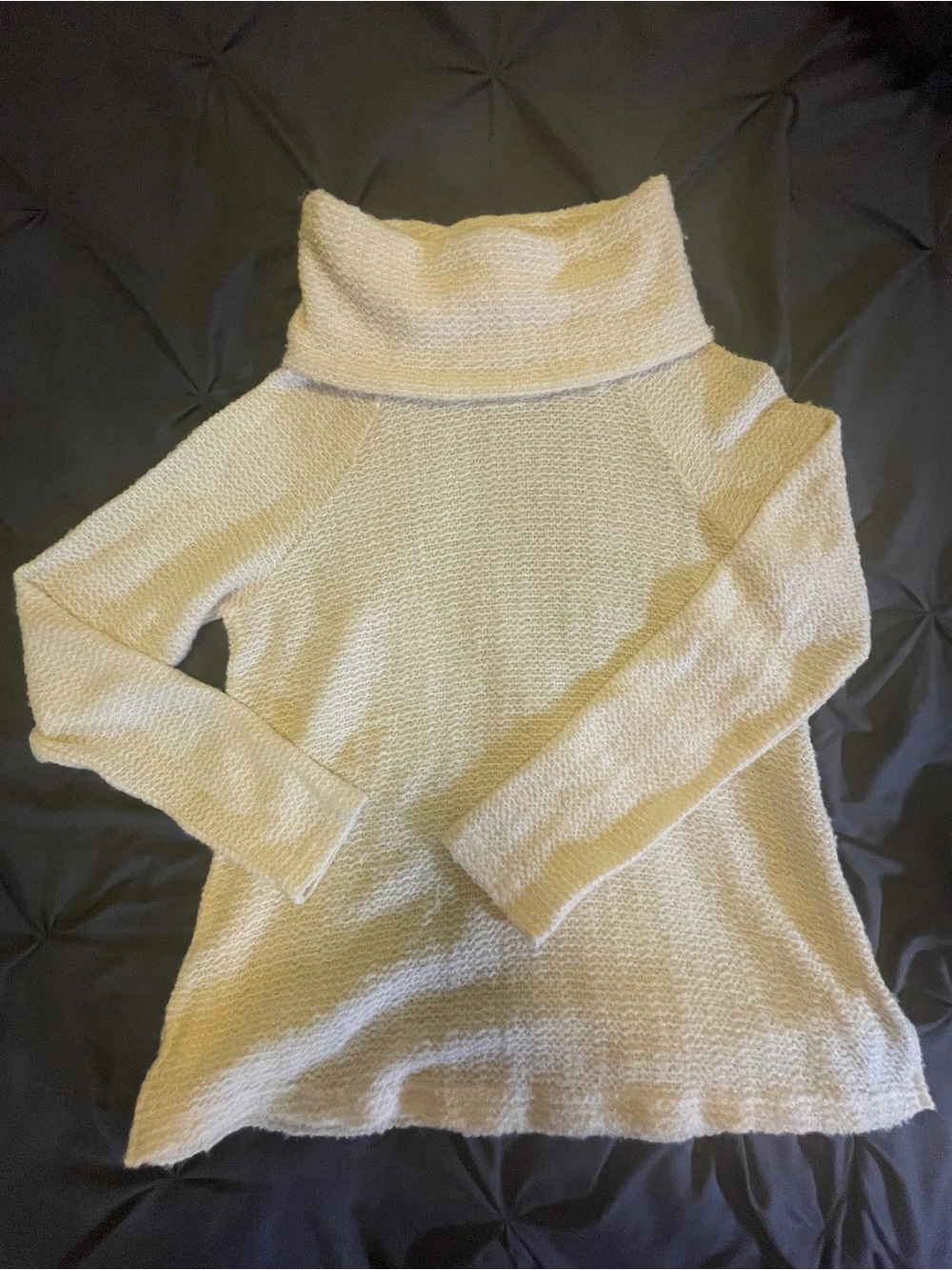 Miss Me White Turtle/Cowl Neck Sweater with Golden Shimmer Throughout